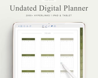 May include: A digital planner on a tablet with the text "Undated Digital Planner" and "2000+ HYPERLINKS I IPAD & TABLET". The planner displays a yearly calendar layout with monthly tabs in green.