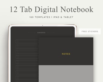 Könnte beinhalten: Eine digitale Notizbuch-App-Oberfläche mit 12 Tabs, 160 Vorlagen und kostenlosen Stickern. Die App ist für die Verwendung auf iPads und Tablets konzipiert. Die Oberfläche ist schwarz mit goldfarbenem Text und einem grauen Hintergrund.