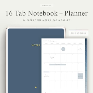 以下が含まれることがあります： 1月のカレンダーページが表示された青いデジタルプランナー。プランナーはタブ付きのノートブックデザインで、64枚の紙のテンプレートが含まれています。画像の左側には「NOTES」というテキストが表示されています。画像の右側には「FREE STICKERS」というテキストが表示されています。