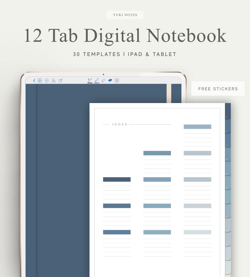 12 Tab Digital Notebook, Hyperlinked PDF, Lined, Grid, Dotted, Blank, Cornell, Stickers, Bujo, Digital Planner, Goodnotes, Notability image 1