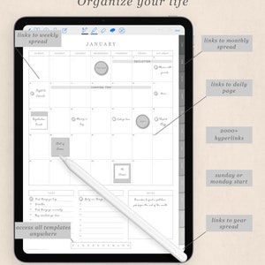 May include: A digital planner app on a tablet screen with a January calendar, tasks, and notes. The app features links to weekly, monthly, and daily spreads, as well as 2000+ hyperlinks. The app can be used to organise your life.