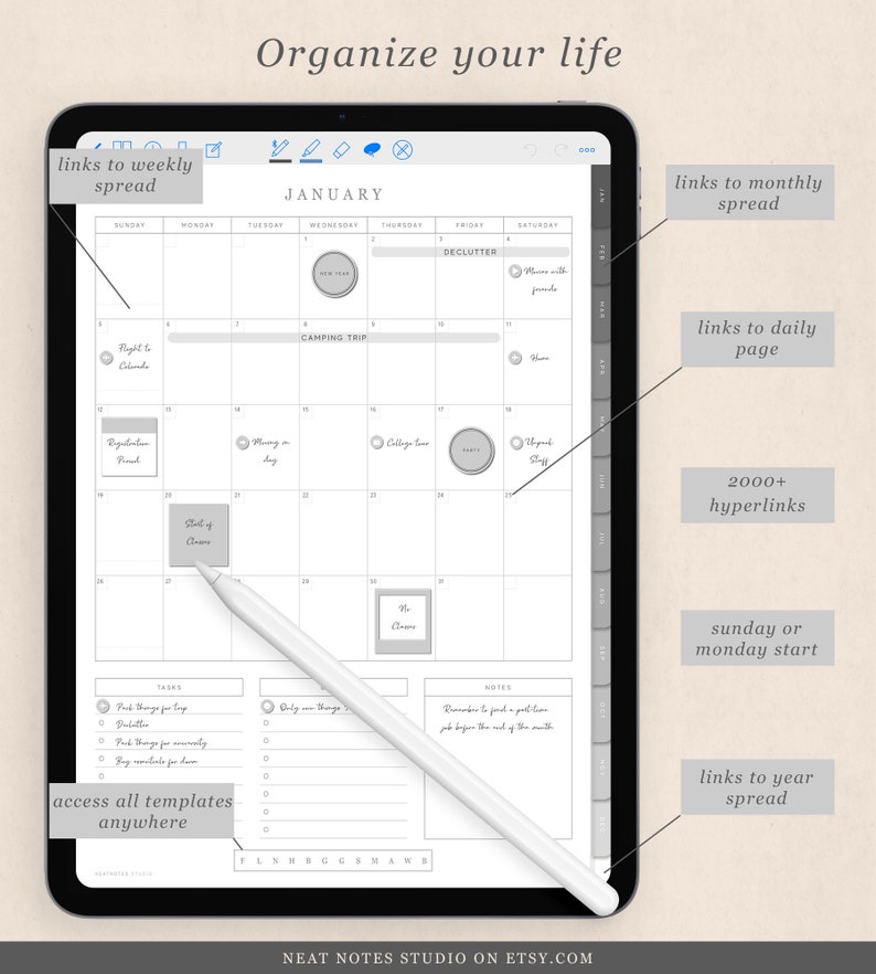 May include: A digital planner app on a tablet screen with a January calendar, tasks, and notes. The app features links to weekly, monthly, and daily spreads, as well as 2000+ hyperlinks. The app can be used to organise your life.