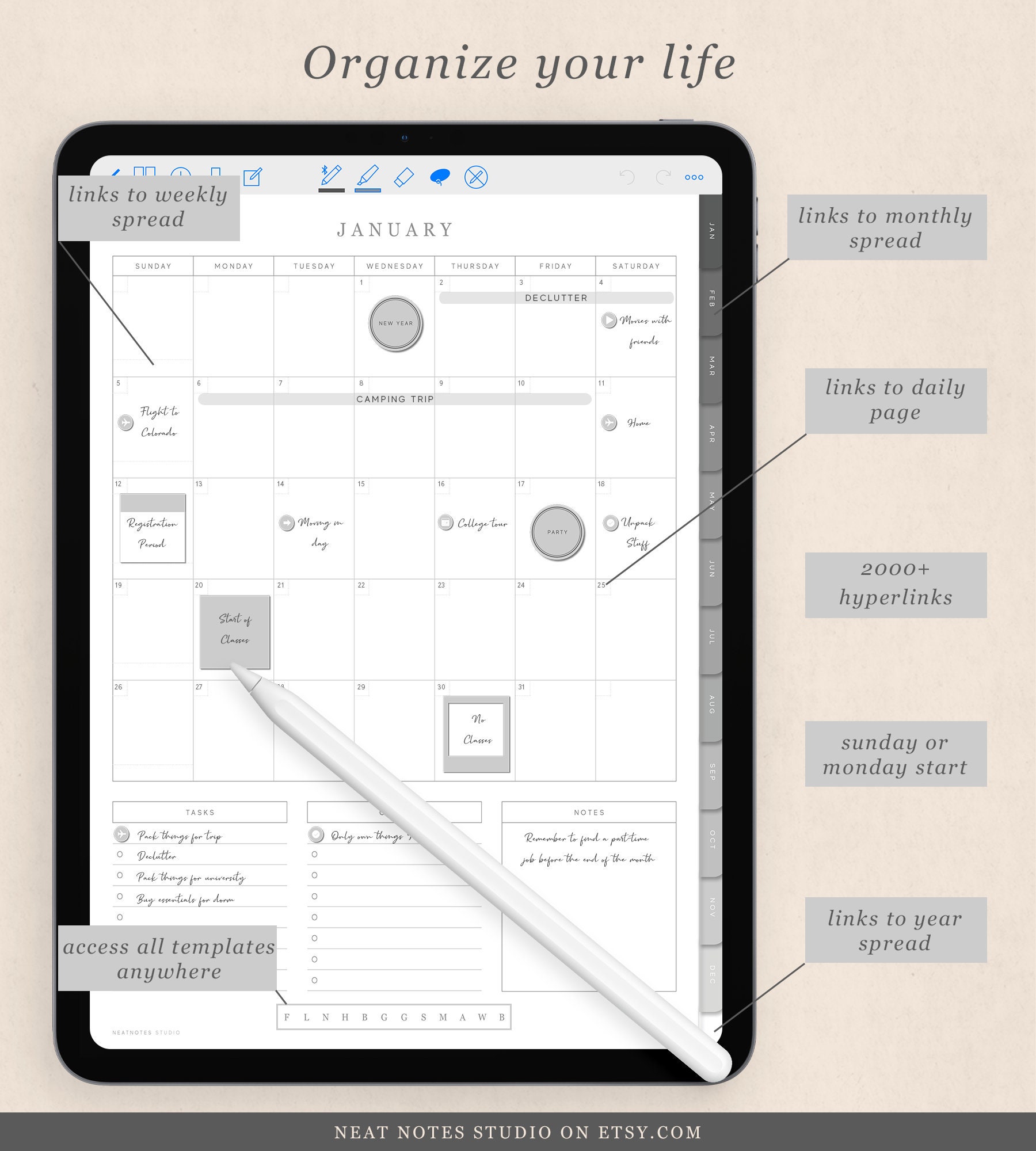 Undated Digital Planner Goodnotes Template Hyperlink Tabs Etsy