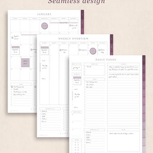 May include: A set of printable planner pages with a seamless design. The pages include monthly, weekly, and daily layouts with sections for tasks, notes, and shopping lists. The text "Seamless design" and "January" are visible.