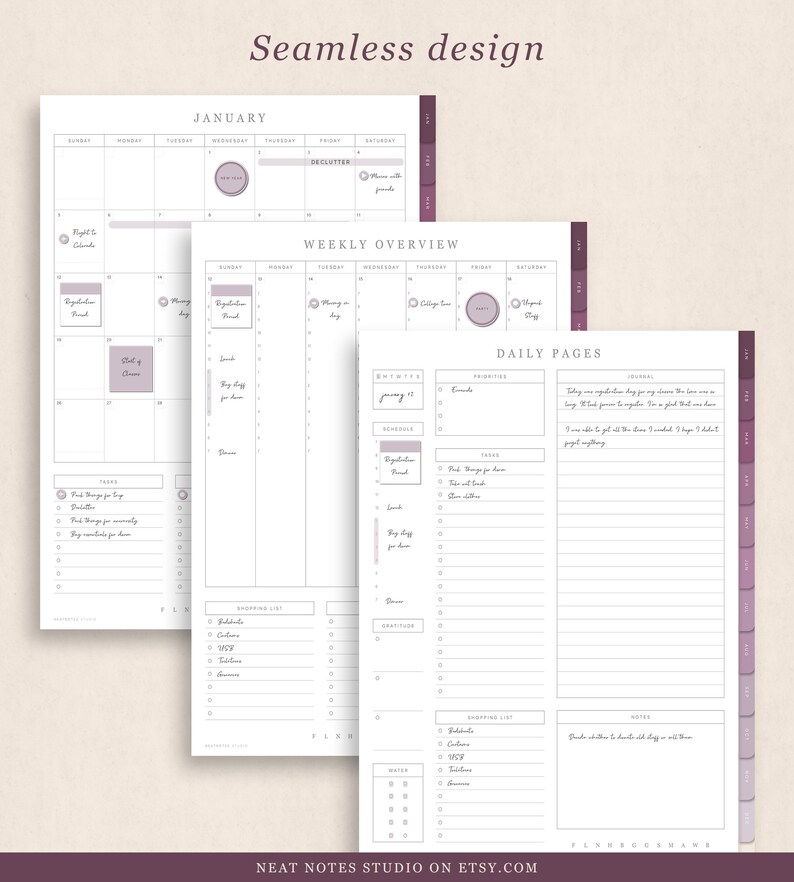 May include: A set of printable planner pages with a seamless design. The pages include monthly, weekly, and daily layouts with sections for tasks, notes, and shopping lists. The text "Seamless design" and "January" are visible.