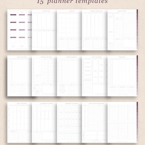 May include: A collection of 15 planner templates, including sections for the year, future log, January, weekly overview, and daily pages. The templates are in a minimalist style with a white background and dark purple accents. Text on the image reads "15 planner templates".