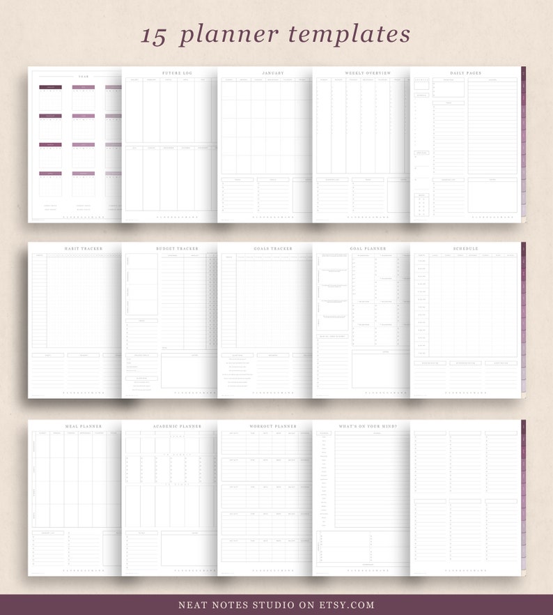 May include: A collection of 15 planner templates, including sections for the year, future log, January, weekly overview, and daily pages. The templates are in a minimalist style with a white background and dark purple accents. Text on the image reads "15 planner templates".