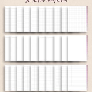 May include: A collection of 30 paper templates, each with a different layout, including lined, grid, and blank pages. The templates are arranged in three rows, with a purple tab on the right side. The text "30 paper templates" is at the top.