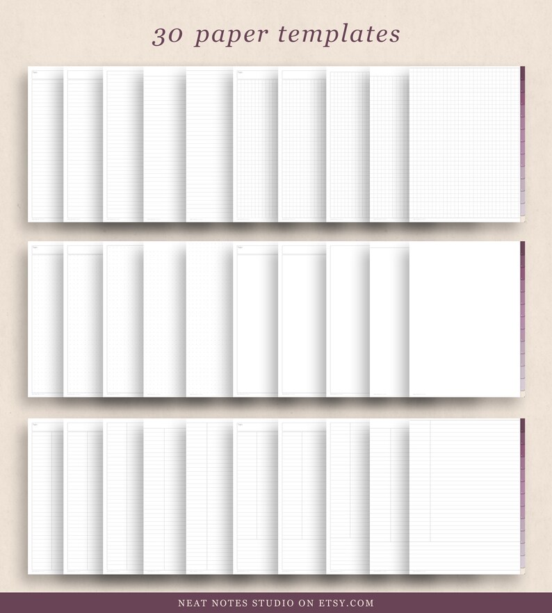 May include: A collection of 30 paper templates, each with a different layout, including lined, grid, and blank pages. The templates are arranged in three rows, with a purple tab on the right side. The text "30 paper templates" is at the top.