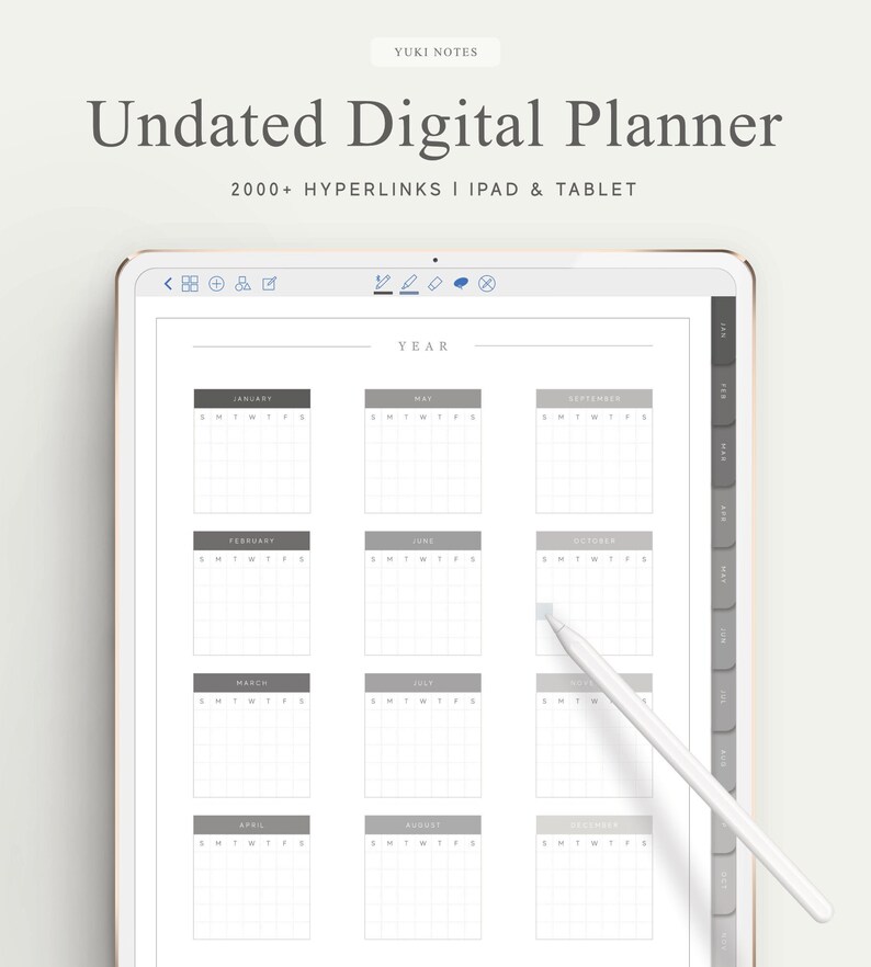 May include: A digital planner app on a tablet screen, displaying a year's worth of monthly calendars. The app is designed for use with an iPad or tablet and includes over 2,000 hyperlinks.