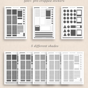 May include: Five sheets of printable planner stickers with a variety of shapes and sizes. The stickers are in shades of grey and include a calendar, a grid, a list, and a variety of other shapes.