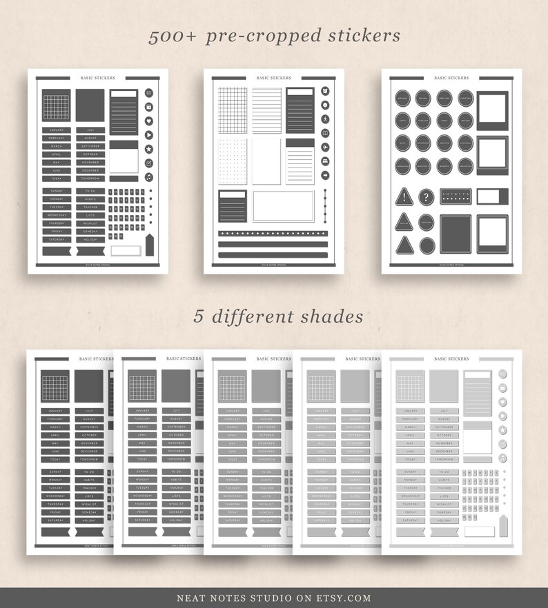 May include: Five sheets of printable planner stickers with a variety of shapes and sizes. The stickers are in shades of grey and include a calendar, a grid, a list, and a variety of other shapes.