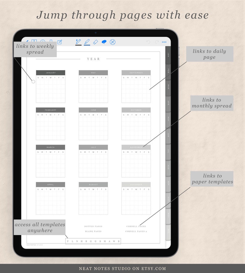 May include: A digital planner on a tablet screen with a year-long calendar view. The calendar is divided into 12 monthly grids, each with a grey header and a white grid. The calendar is labelled "YEAR". The tablet screen also includes links to weekly, daily, monthly, and paper templates.