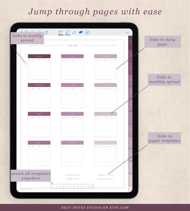 May include: A digital planner displayed on a tablet, featuring a yearly calendar layout with monthly grids in shades of purple. The screen includes text that reads "Jump through pages with ease" and labels for links to various pages and templates. The Etsy shop name is visible.