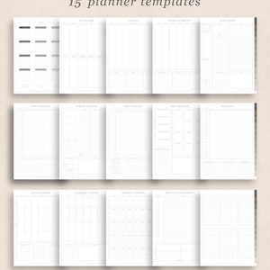 May include: A set of 15 printable planner templates in black and white. The templates include a year planner, future log, monthly calendar, weekly overview, daily pages, habit tracker, budget tracker, goals tracker, goal planner, schedule, meal planner, academic planner, workout planner, and a "what's on your mind" page.