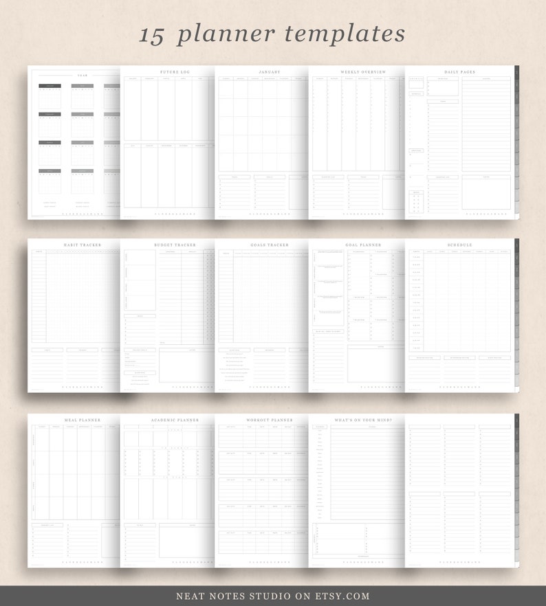 May include: A set of 15 printable planner templates in black and white. The templates include a year planner, future log, monthly calendar, weekly overview, daily pages, habit tracker, budget tracker, goals tracker, goal planner, schedule, meal planner, academic planner, workout planner, and a "what's on your mind" page.
