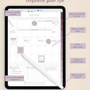 May include: A digital planner displayed on a tablet, featuring a January calendar layout with hyperlinks and task lists. The screen shows a white stylus and the text "Organize your life". The planner includes links to weekly, monthly, daily, and yearly spreads.