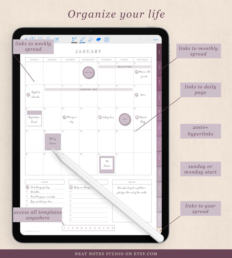 May include: A digital planner displayed on a tablet, featuring a January calendar layout with hyperlinks and task lists. The screen shows a white stylus and the text "Organize your life". The planner includes links to weekly, monthly, daily, and yearly spreads.