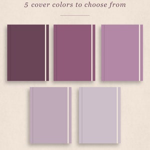 May include: Five notebooks in shades of purple, each with a cream-colored vertical stripe and a matching elastic band. The text "5 cover colors to choose from" is at the top. The bottom of the image has the text "NEAT NOTES STUDIO ON ETSY.COM".