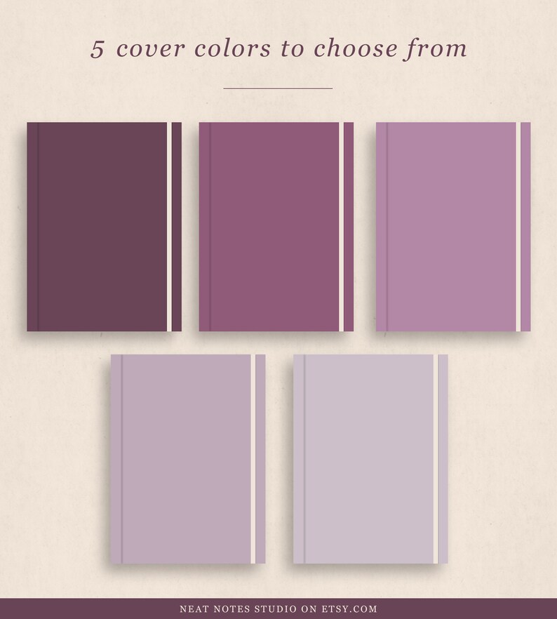 May include: Five notebooks in shades of purple, each with a cream-colored vertical stripe and a matching elastic band. The text "5 cover colors to choose from" is at the top. The bottom of the image has the text "NEAT NOTES STUDIO ON ETSY.COM".