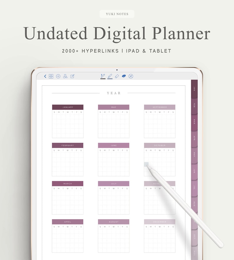 May include: A digital planner on a tablet with a white stylus. The planner features a yearly calendar layout with monthly tabs in shades of purple. Text includes "Undated Digital Planner" and "2000+ Hyperlinks | iPad & Tablet."