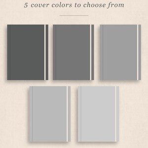 May include: Five different colour options for a notebook cover. The colours are dark grey, light grey, and three shades of grey. Each cover has a white stripe down the side.