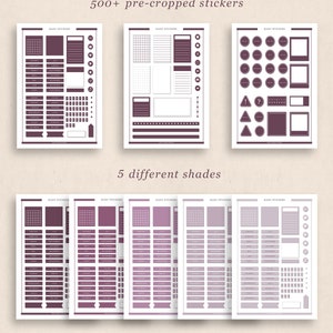 May include: A collection of planner stickers in five different shades of purple. The stickers include calendar elements, labels, and decorative shapes. Text on the stickers reads "Basic Stickers" and "500+ pre-cropped stickers". The Etsy shop name is also visible.