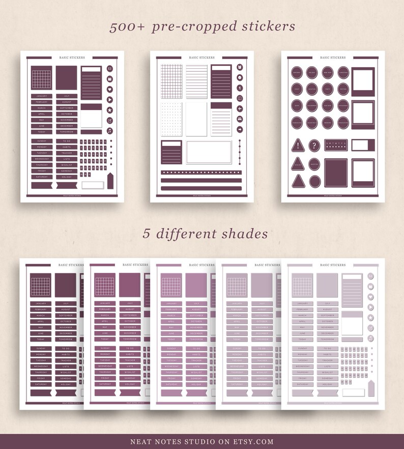 May include: A collection of planner stickers in five different shades of purple. The stickers include calendar elements, labels, and decorative shapes. Text on the stickers reads "Basic Stickers" and "500+ pre-cropped stickers". The Etsy shop name is also visible.