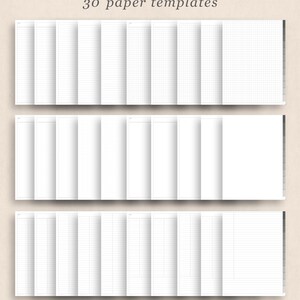 May include: Thirty printable paper templates for note-taking, journaling, or planning. The templates include lined, grid, and blank pages.
