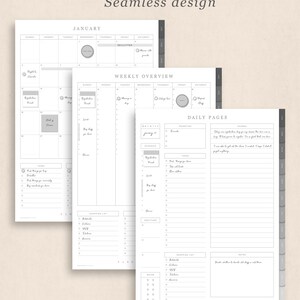 May include: A printable planner page with a monthly calendar, weekly overview, and daily pages. The planner includes sections for tasks, priorities, and a journal. The text "Seamless design" is at the top of the page.
