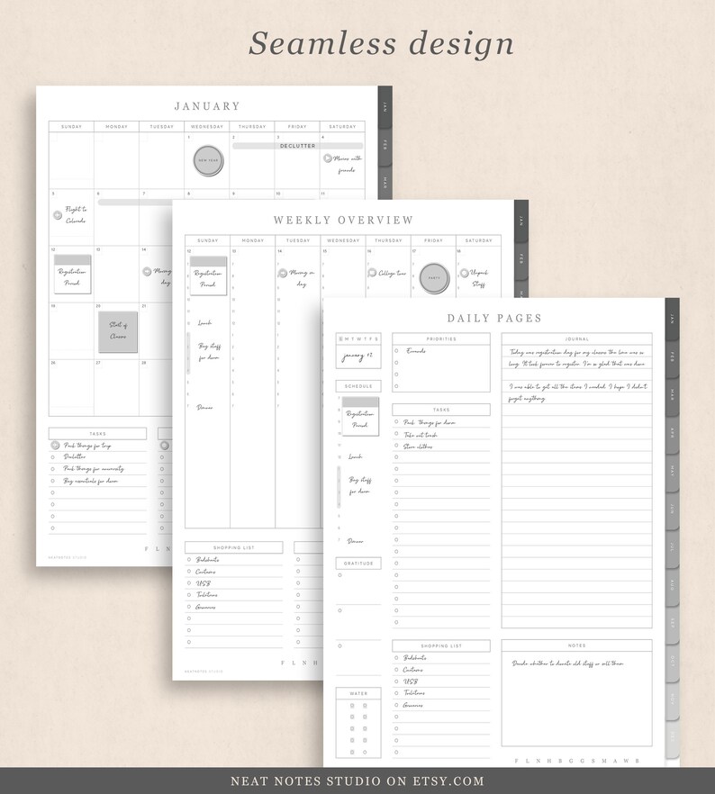 May include: A printable planner page with a monthly calendar, weekly overview, and daily pages. The planner includes sections for tasks, priorities, and a journal. The text "Seamless design" is at the top of the page.