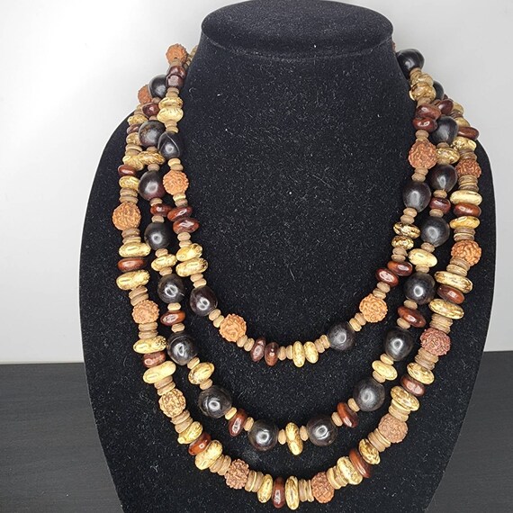Beautiful vintage beans necklace 3 strand wood… - Gem
