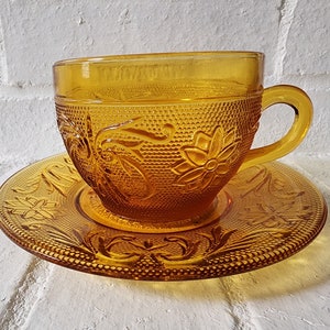 Indiana Glass Tiara Sandwich Amber Cups and Saucer Set - teacups - home accents - replacement -tea cups with saucers -teaware