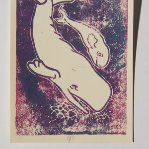 Linolschnitt, Original im Kleinformat, Wal mit Nachwuschs/Walbaby image 2