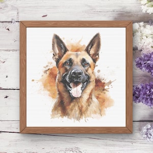 May include: A framed watercolor print of a German Shepherd dog. The dog is depicted with a smiling expression, its tongue slightly visible. The artwork features shades of brown, tan, and black, with a watercolor splash effect.