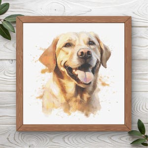 May include: A square framed wall art piece featuring a watercolor-style illustration of a yellow Labrador retriever. The dog is depicted with a happy expression, mouth open, and tongue visible, rendered in warm golden and tan tones on a white background.