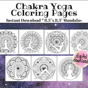 Målarbilder med sju chakrans yoga, digital nedladdning, yogapositioner, balansera dina chakran, målarpaket för självvård och meditation