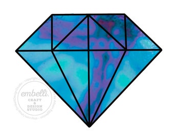 May include: A blue, purple, and green diamond with a black outline. The diamond is drawn in a simple, cartoon style.