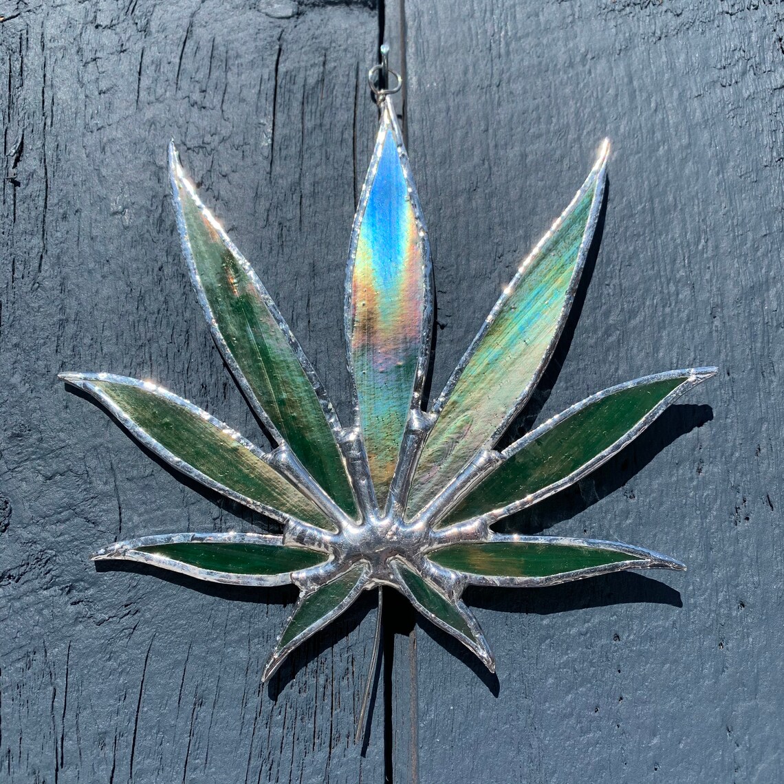 Iridescent Green Stained Glass Ornament Cannabis Leaf Etsy