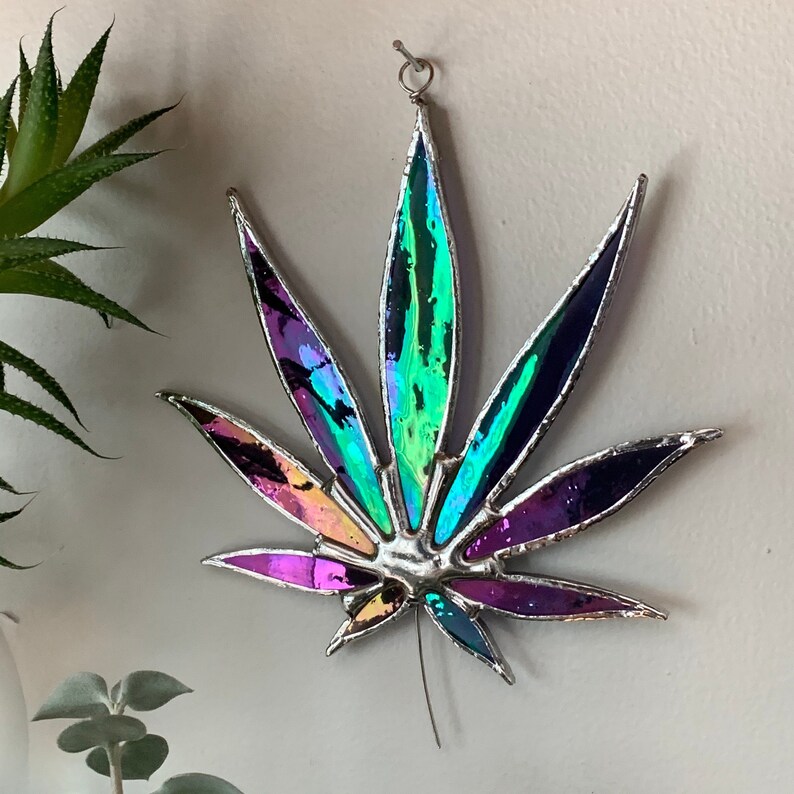 Cannabis Leaf Ornament Iridescent Stained Glass Purple Etsy