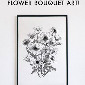 DIGITAL ITEM Custom Flower Bouquet Botanical Illustration, Botanical Wall Art, Black and White Flower Printable, Custom Flower Tattoo File