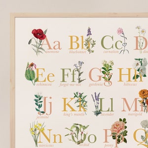 Affiche imprimable alphabet floral, impression ABC botanique, impression de chambre d'enfant de fleurs, impression de chambre d'enfant de la nature, téléchargement floral vintage d'ABC