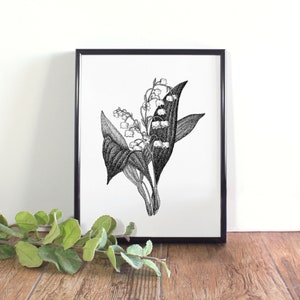 Lily of the Valley Botanical Illustration, Botanical Wall Art, Black and White Lily of the Valley Printable, Finland National Flower