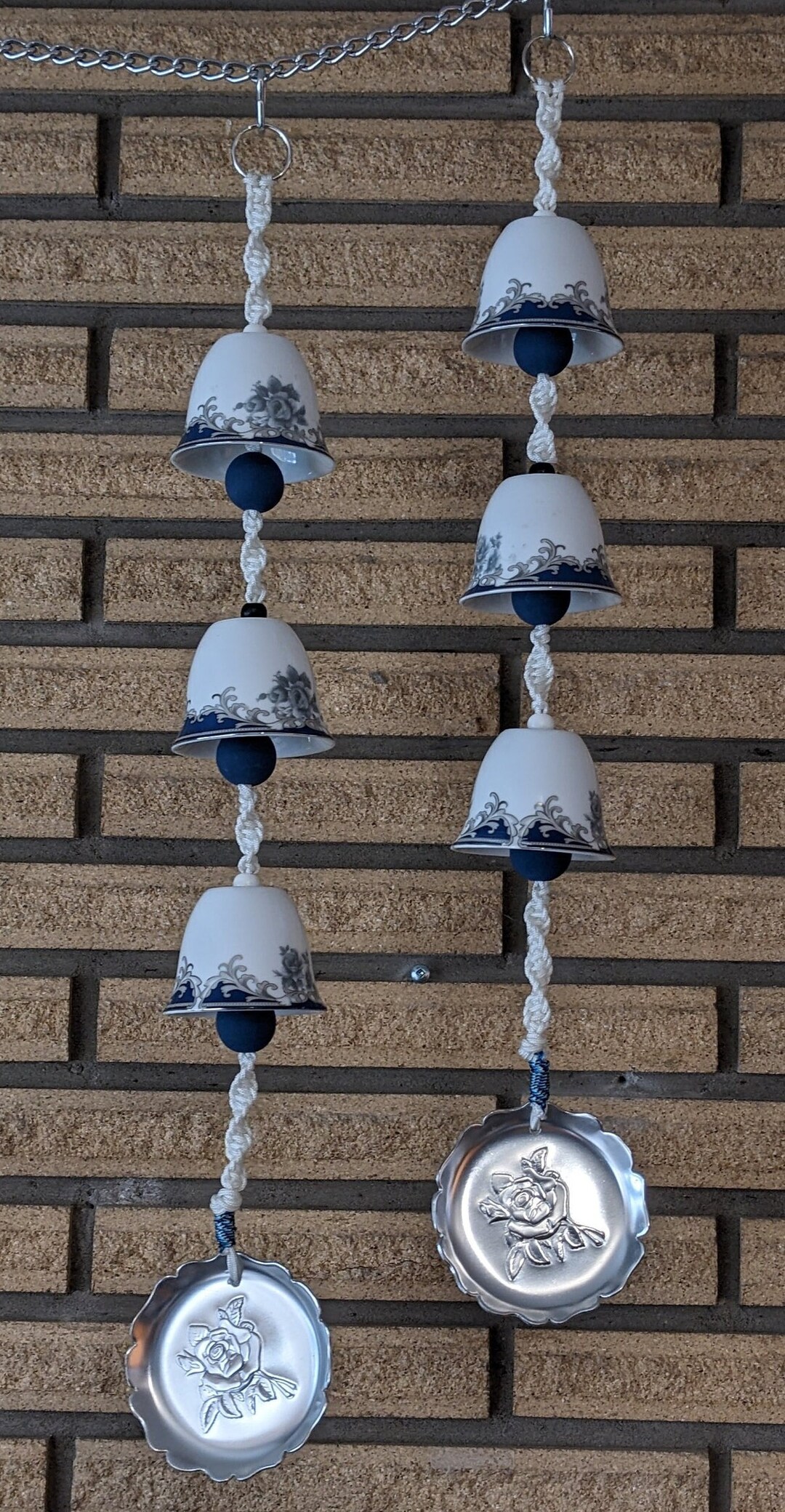 Upcycled White and Blue Demitasse Cups Bell Chimes With Macrame Cord ...