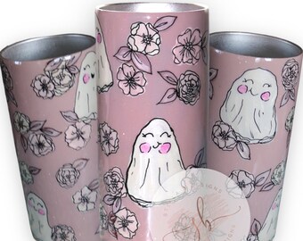 Hand Painted Halloween Tumbler, Ghosts, Flowers, In Stock