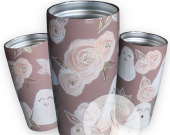 Hand Painted Halloween Tumbler, Ghosts, Flowers, In Stock