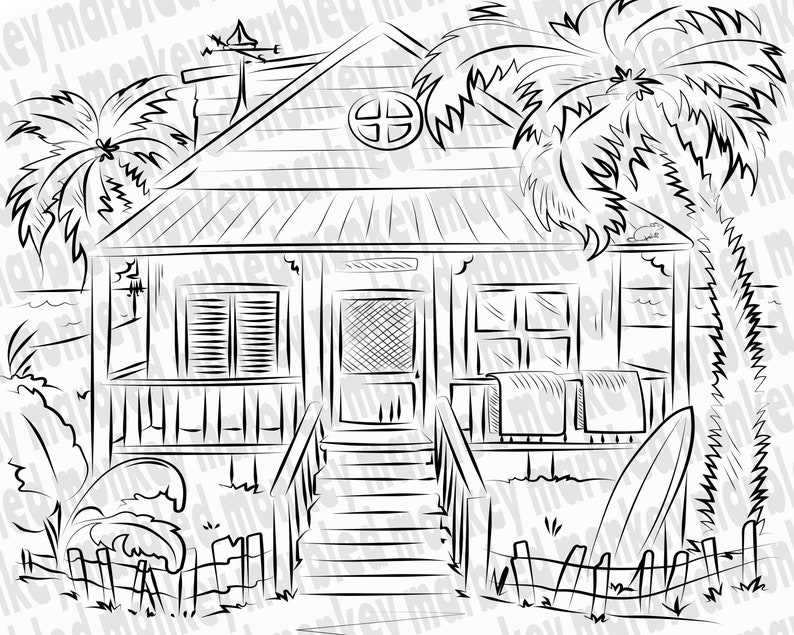 Beach House Printable Adult Coloring Page Coloring Book Etsy