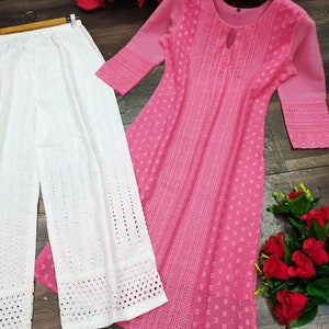 Hermoso Lucknowi Georgette hecho a mano Chikankari Fancy Allover estilo de trabajo Kurta/Kurti para mujeres, Chikankari Kurta/Kurti con pantalón de algodón Rosa