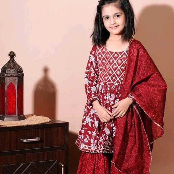 Exclusive Multicolored Rayon Kurta set for Girls, 3 pc Kurta Sharara set / Daughter Dresses for Kids Readymade, Beautiful suits for kids