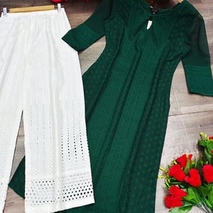 Hermoso Lucknowi Georgette hecho a mano Chikankari Fancy Allover estilo de trabajo Kurta/Kurti para mujeres, Chikankari Kurta/Kurti con pantalón de algodón Dark Green